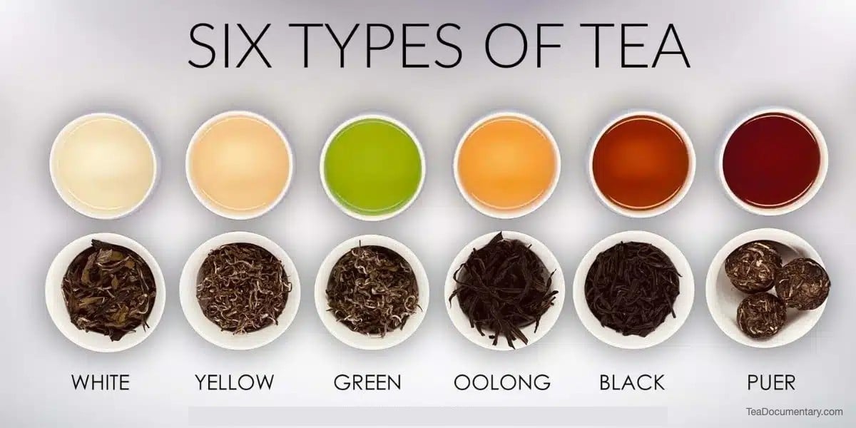 Six types of tea — the tea soups by color, left to right: White, Yellow, Green, Oolong, Black, and Dark (Pu-erh), all from China.