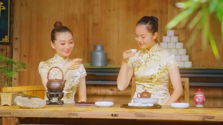 Chinese Tea Tasting 15 Botanical garden tea events — two women smiling as they share freshly brewed tea at a Gong Fu Cha tasting table, from TEA: The Drink That Changed The World